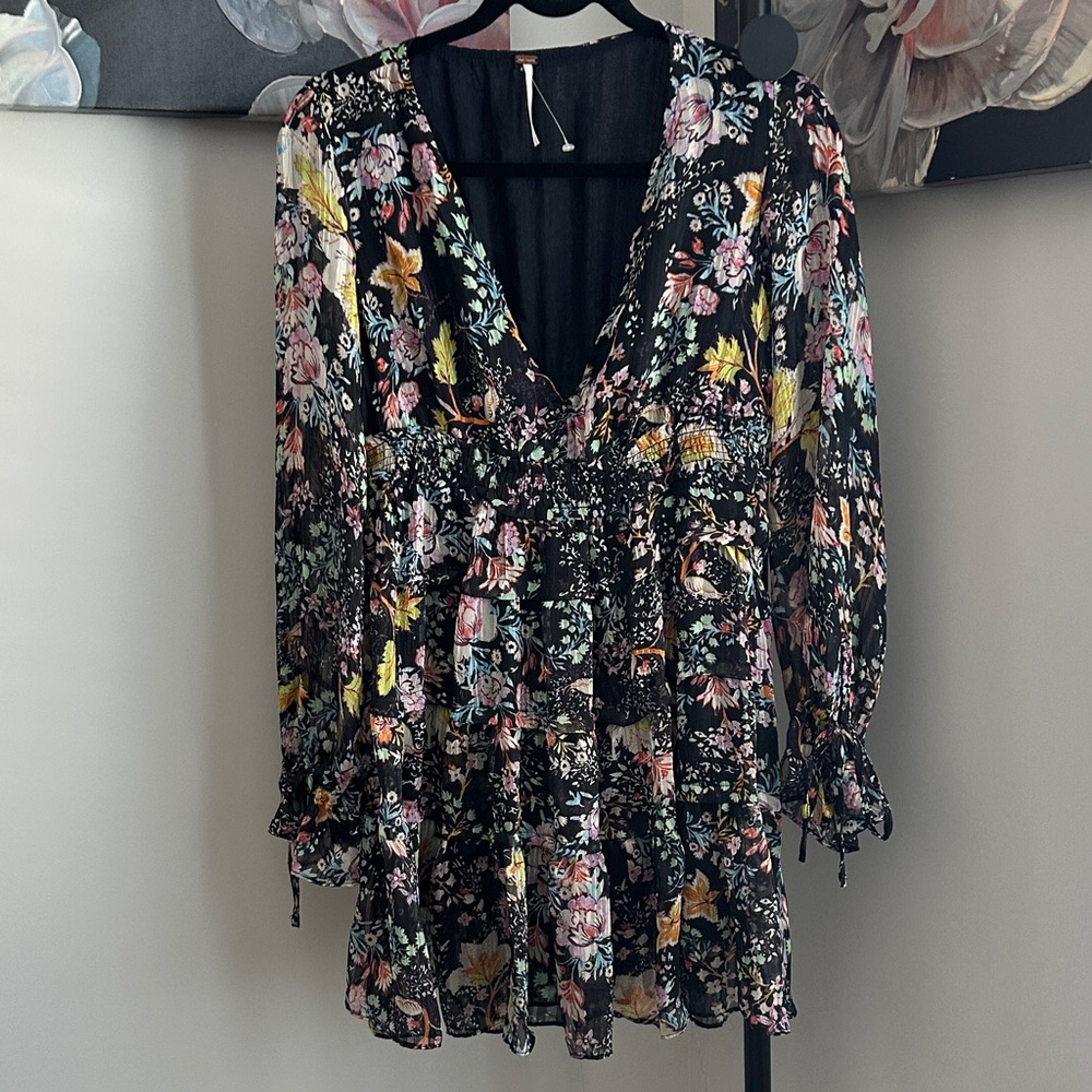 Free People Black Floral Midi Dress with Pink, Yellow and Green Blossoms